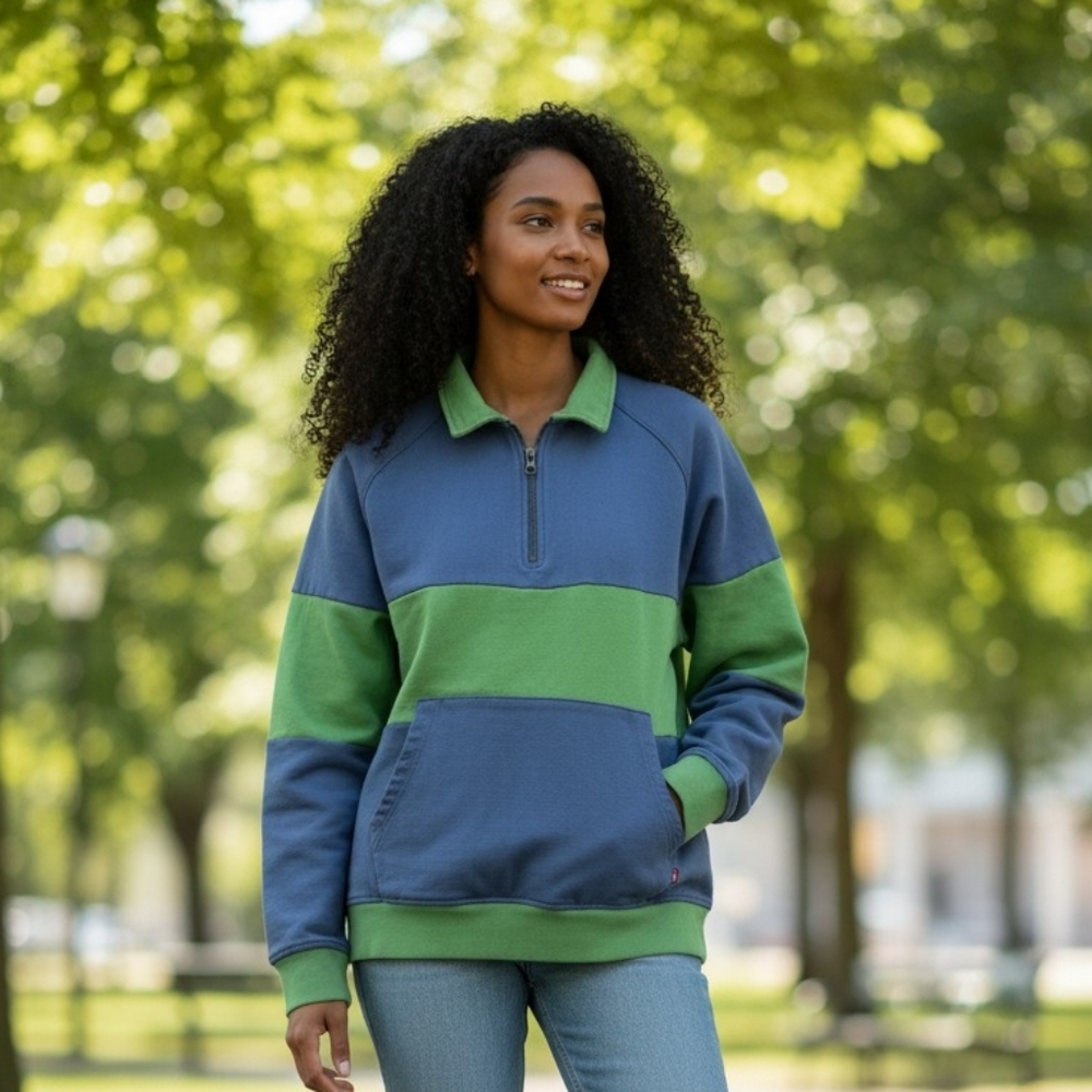 Levi’s Relaxed Quarter Zip Sweatshirt Colorblock Blue Green Size S - Picture 2 of 9